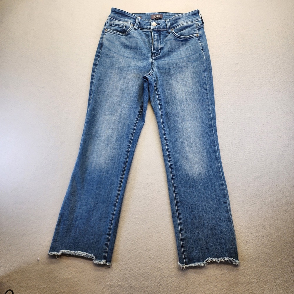 NYDJ Marilyn Straight Leg Jeans Medium Wash Frayed Raw Hem Blue Denim Size 8